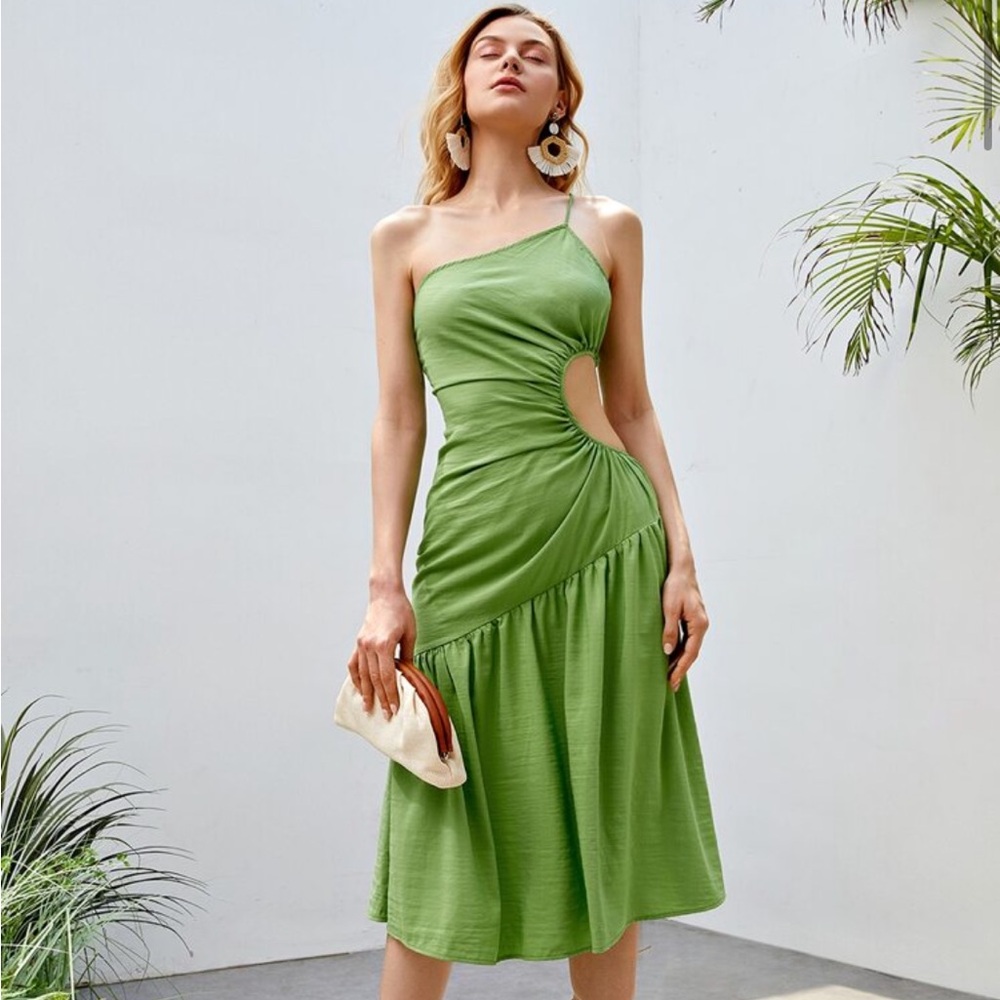 Green Asymmetrical Midi Skirt with Ruched Details